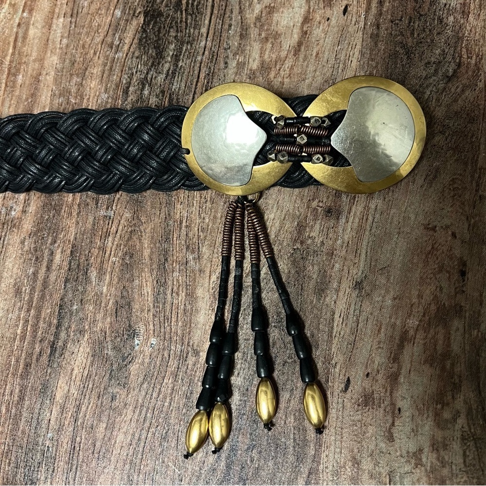 Marjorie Baer vintage braided Belt with metal buckle and beaded fringe detail